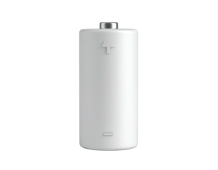 Single white cylindrical power cell on black background, with terminal details