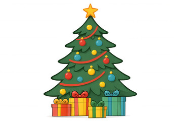 Fototapeta premium Christmas tree illustration decorated with ornaments and garland, featuring wrapped gifts, transparent background
