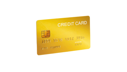 A golden credit card, isolated against a black background. Modern, financial concept