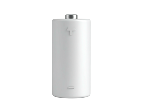 Single white cylindrical power cell on black background, with terminal details