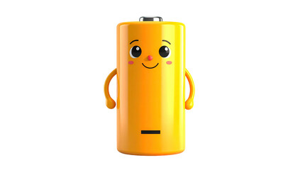 Animated yellow cylinder with smiley face, arms, and terminals on black background