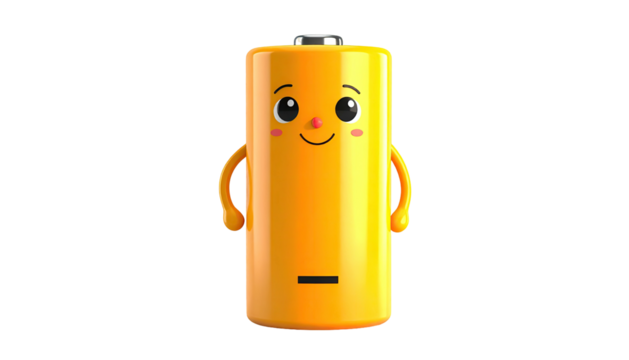 Animated yellow cylinder with smiley face, arms, and terminals on black background