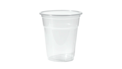 Transparent plastic cup, empty, with a slightly flared rim, set against a black background