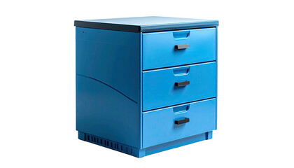 Solid blue 3-drawer cabinet with black handles and a dark top, isolated