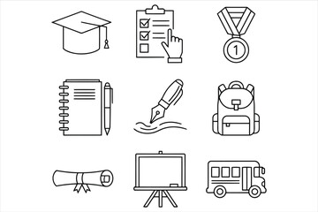 Vector art of a set of education icons, including a graduation cap, checklist, medal, notebook, pen, backpack, diploma, board, and school bus in outline style