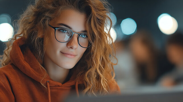 A focused young woman with curly hair and glasses, working intently on her laptop in a dynamic, modern environment.