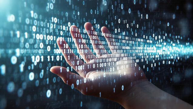 Hand interacting with glowing stream of binary digits forming digital projection in dark space; concept of code visualization and cyber communication. - Powered by Adobe
