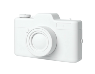 A 3D-rendered, white camera, isolated on a black background, minimalist design
