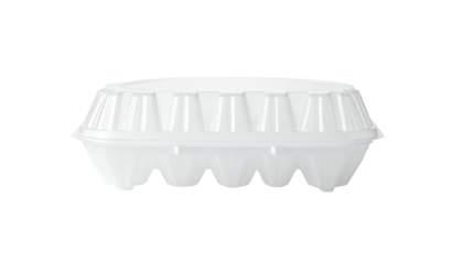 A closed white plastic container, ribbed, for holding eggs, with a textured exterior