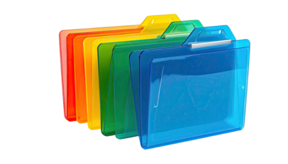 Array of transparent, colorful document folders stacked against a black background