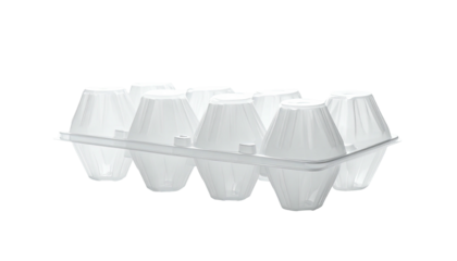 A partially filled, clear plastic egg carton, against a black background