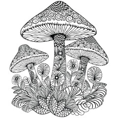 Mushrooms decorative Nature elements assembled to compose an artistic bouquet vector illustration black and white zentangle style
