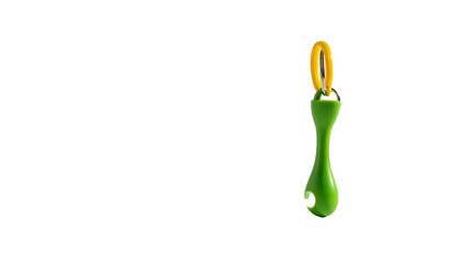 A green bubble wand against a black background, with a yellow loop and liquid
