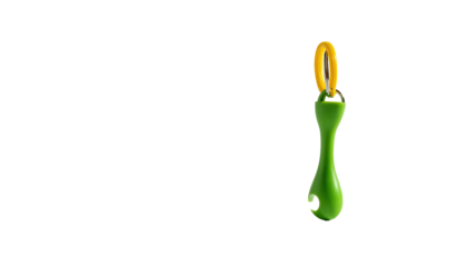 A green bubble wand against a black background, with a yellow loop and liquid