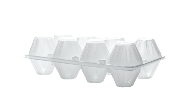 A partially filled, clear plastic egg carton, against a black background