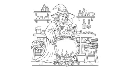 Cozy Kitchen Scene with a Benevolent Witch Brewing Potion Adult Fantasy Coloring Page