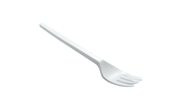 Isolated overhead shot of a white plastic utensil with three tines