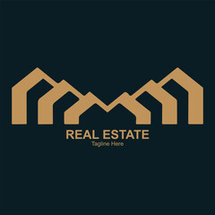 Illustration of abstract geometric logo with mountainlike shapes and text reales tate on dark background