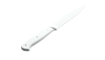 A clean, white kitchen knife diagonally isolated against a pure black background