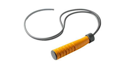 3D rendering of a jump rope, orange handle, looped gray rope on black