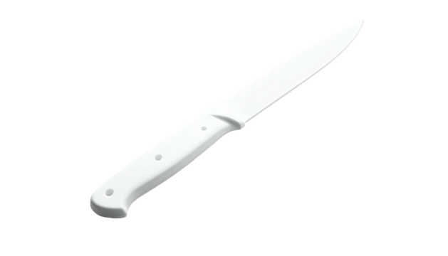 A clean, white kitchen knife diagonally isolated against a pure black background