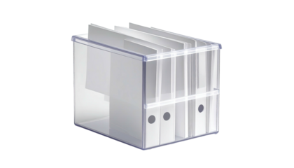 A clear box containing white folders and papers; the transparent case has an open side