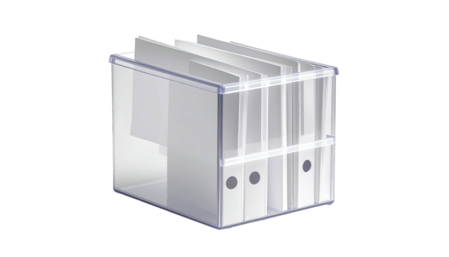 A clear box containing white folders and papers; the transparent case has an open side