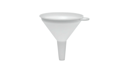 A white plastic funnel with a handle against a black background, angled perspective