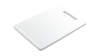 A rectangular white kitchen item with a handle cut out on a black background