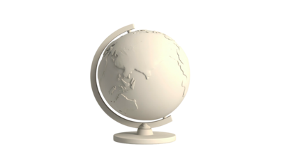 A monochrome globe sculpture on a stand, partially lit against a stark, black backdrop