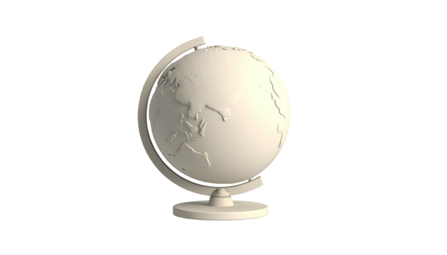 A monochrome globe sculpture on a stand, partially lit against a stark, black backdrop