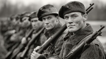 Fototapeta premium Dramatic Monochromatic Soldiers Portrait with Rifles Ready for a Fight. Ai Generated Images