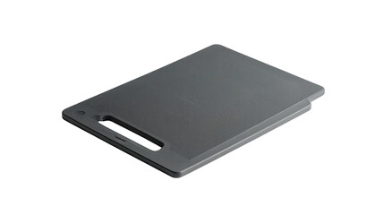 A rectangular, gray kitchen cutting board with a handle, angled against black