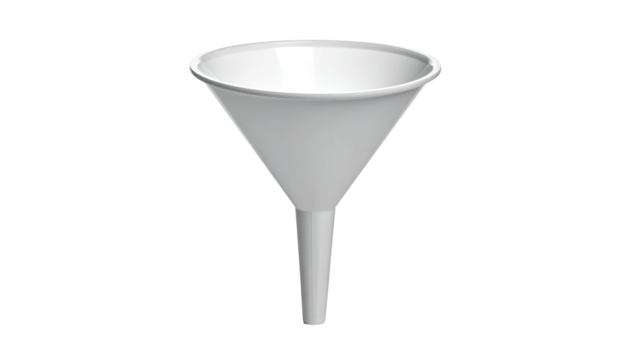 A white, conical device with a wide opening, narrowing to a cylindrical spout