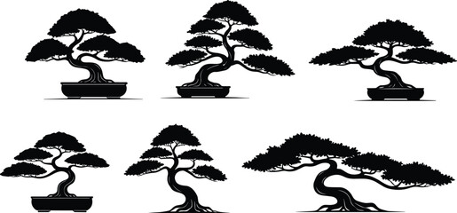 Bonsai tree silhouettes, miniature tree icons, Japanese garden art, black botanical design, potted plant illustration, nature symbol, stylized bonsai artwork