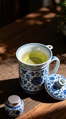 Chinese Blue-and-White Office Cup with Tea Strainer, Traditional-Style Desktop Tea Set