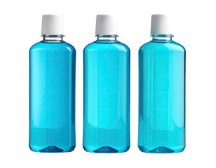 Three light-blue plastic bottles with white caps
