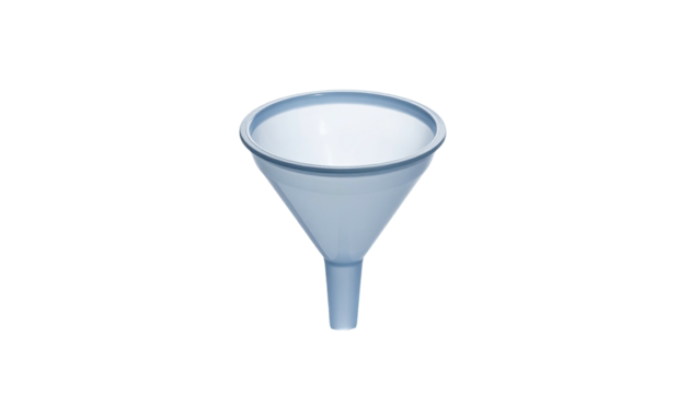 White plastic funnel with a wide mouth and long, tapered spout, centered