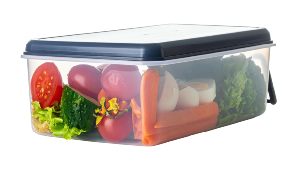 Transparent container filled with an assortment of fresh, colorful vegetables and eggs