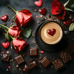 Romantic valentine s day coffee with roses and chocolates overhead view