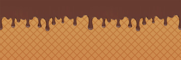 3D vector background with melted chocolate dripping over a waffle cone.