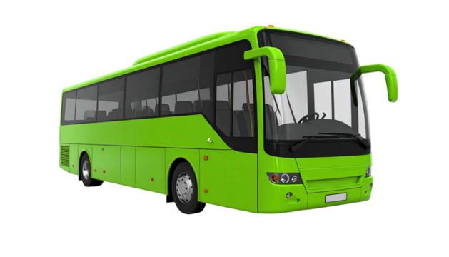 Sleek, green coach bus, tinted windows, side view, against a black background