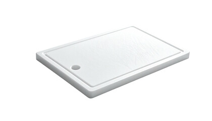 A rectangular white cutting board with a hole on a dark background