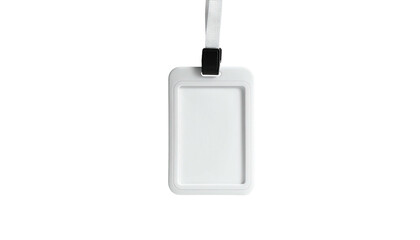 Isolated white rectangular badge holder hanging from a white lanyard, black background
