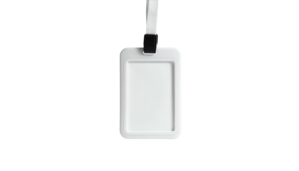 Isolated white rectangular badge holder hanging from a white lanyard, black background