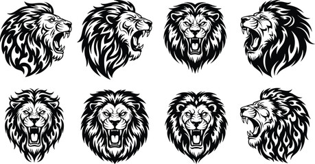 Lion head silhouettes, roaring lion icons, tribal animal design, black tattoo art, majestic wildlife symbol, fierce predator illustration, powerful beast artwork