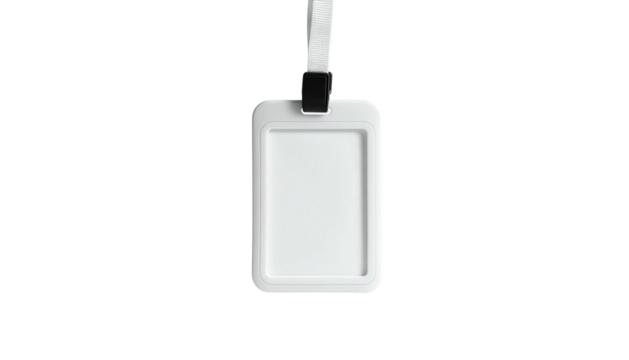 Isolated white rectangular badge holder hanging from a white lanyard, black background