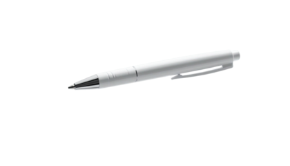 A silvery-white pen with a silver tip and a clip, isolated against black