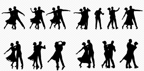 Collection of elegant black silhouettes depicting couples performing various ballroom and Latin dances.