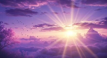 Obraz premium Vibrant sunset sky with clouds and light rays in a serene landscape